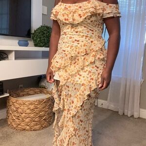 Forever 21 Cream and Orange Floral Ruffle Midi Dress